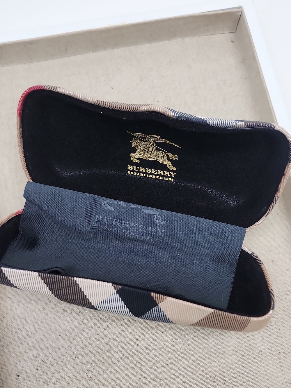 Burberry Black and Beige Plaid Eyewear Case with Branded Cloth